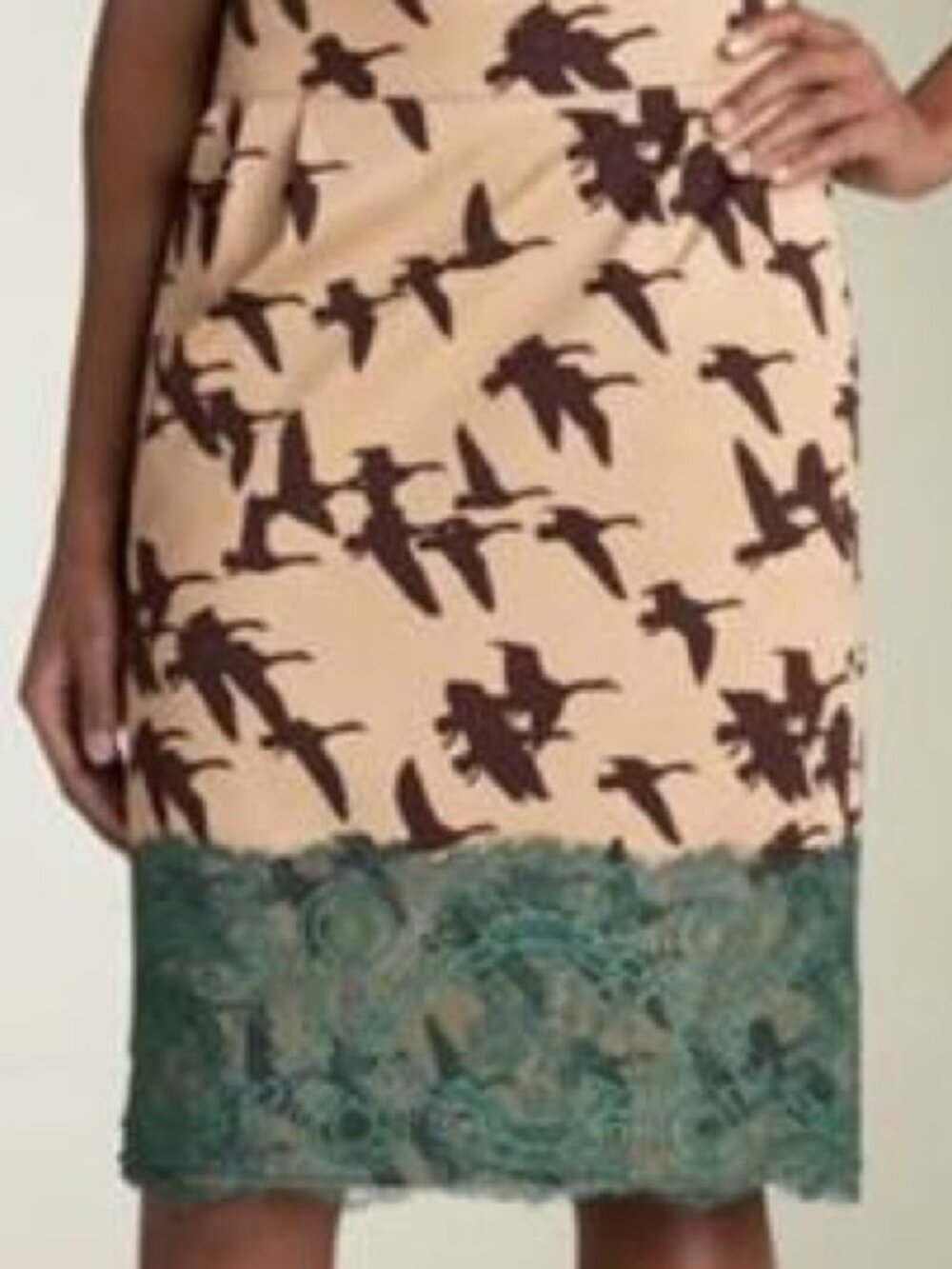 LEIFSDOTTIR ANTHROPOLOGIE GEESE SKIRT TAN GREEN LACE HEM BOHO UNIQUE SZ 12